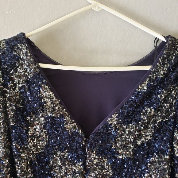 R & M Richards NYC Womens 6 Drape Back Blue / Silver V Back Sequin Dress NWT - Picture 5 of 14